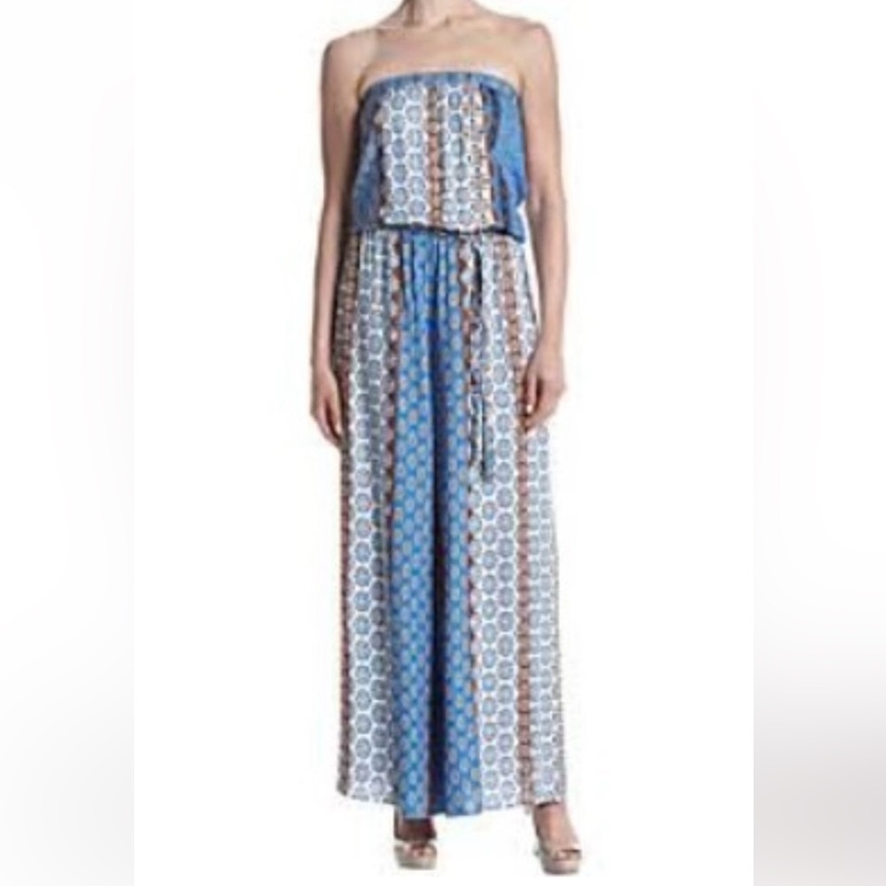 Prelude Bohemian Blue and Brown Patterned Wide Leg Jumpsuit Size XL
